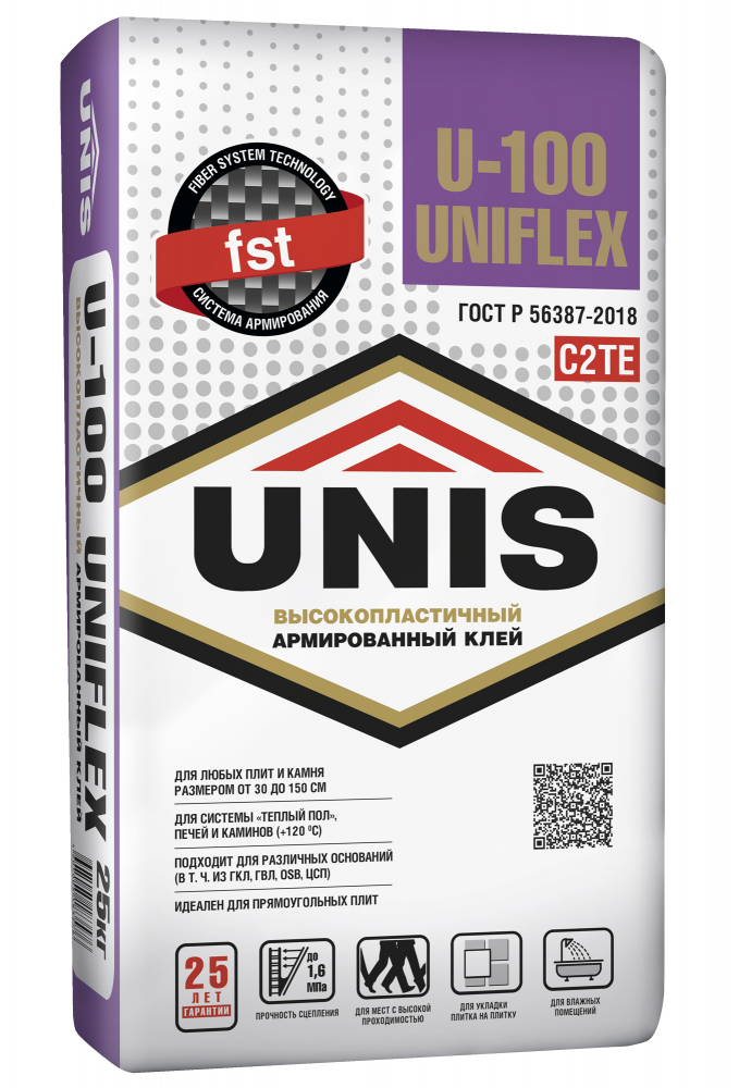 картинка Клей для плитки высокопластичный армированный Юнис (UNIS) U-100 UNIFLEX 25кг от магазина СтройМаркет